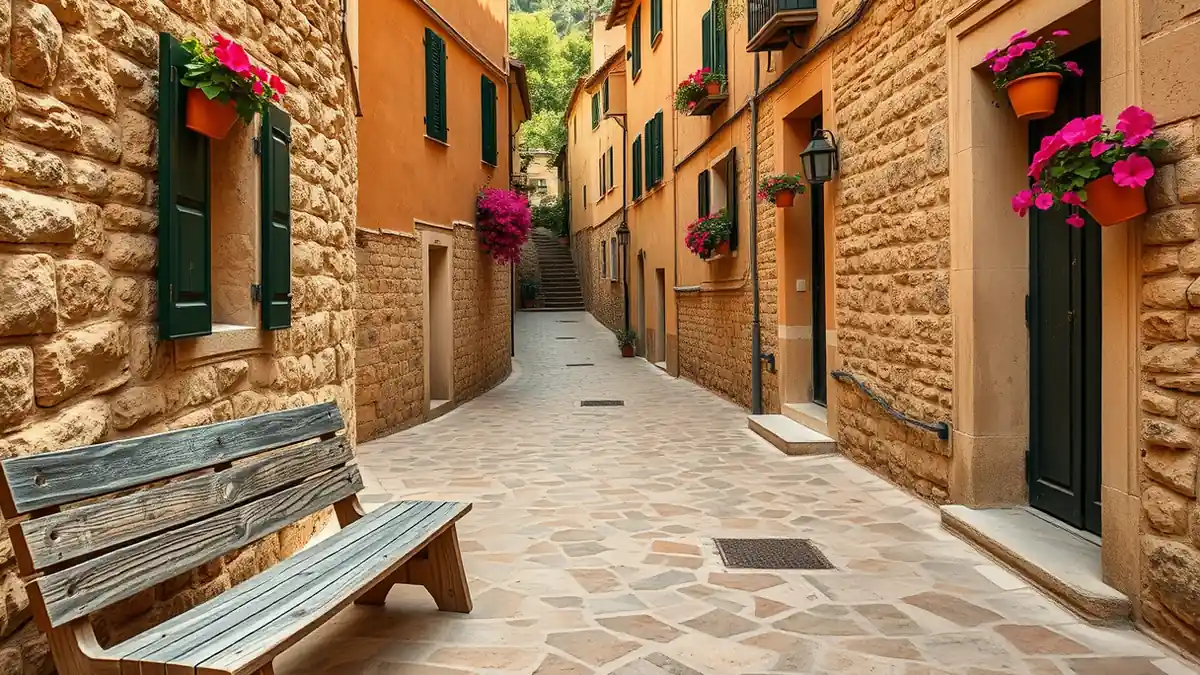 Kopfsteingepflasterte Gasse in Fornalutx mit Blumenkübeln an den Hauswänden