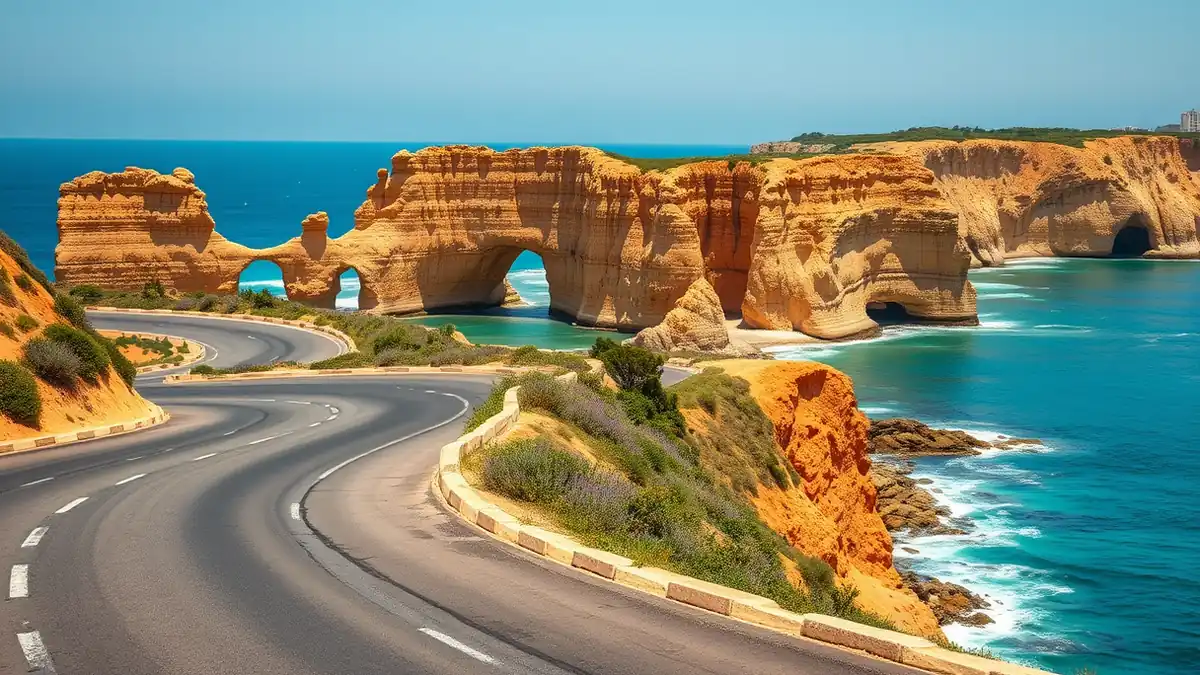 Küstenstraße an der Algarve mit Felsformationen im Hintergrund