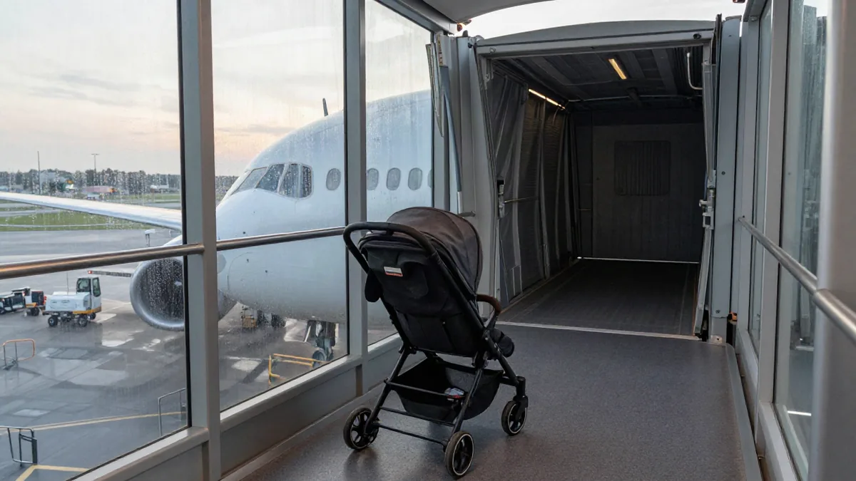 Kinderwagen am Flugsteig vor einem Flugzeugfenster