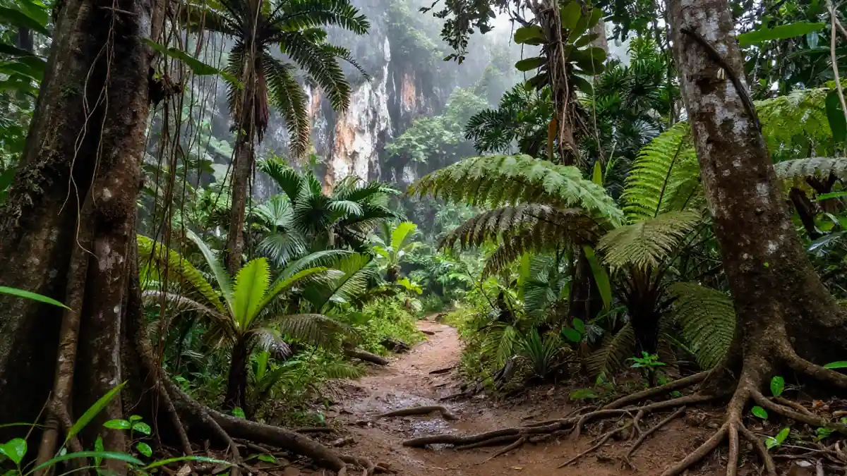 Dschungelpfad in Südostasien mit dichter Vegetation