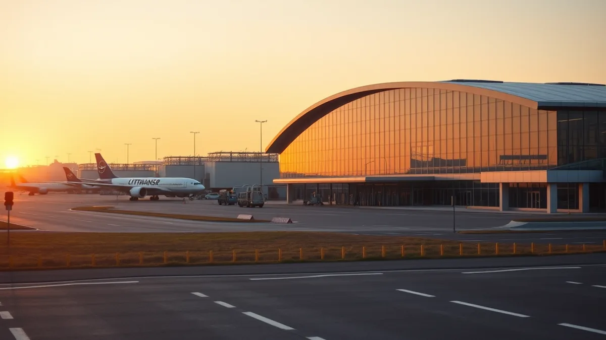 Startende Verkehrsmaschine am Flughafen Frankfurt bei Sonnenaufgang, keine Menschen im Vordergrund