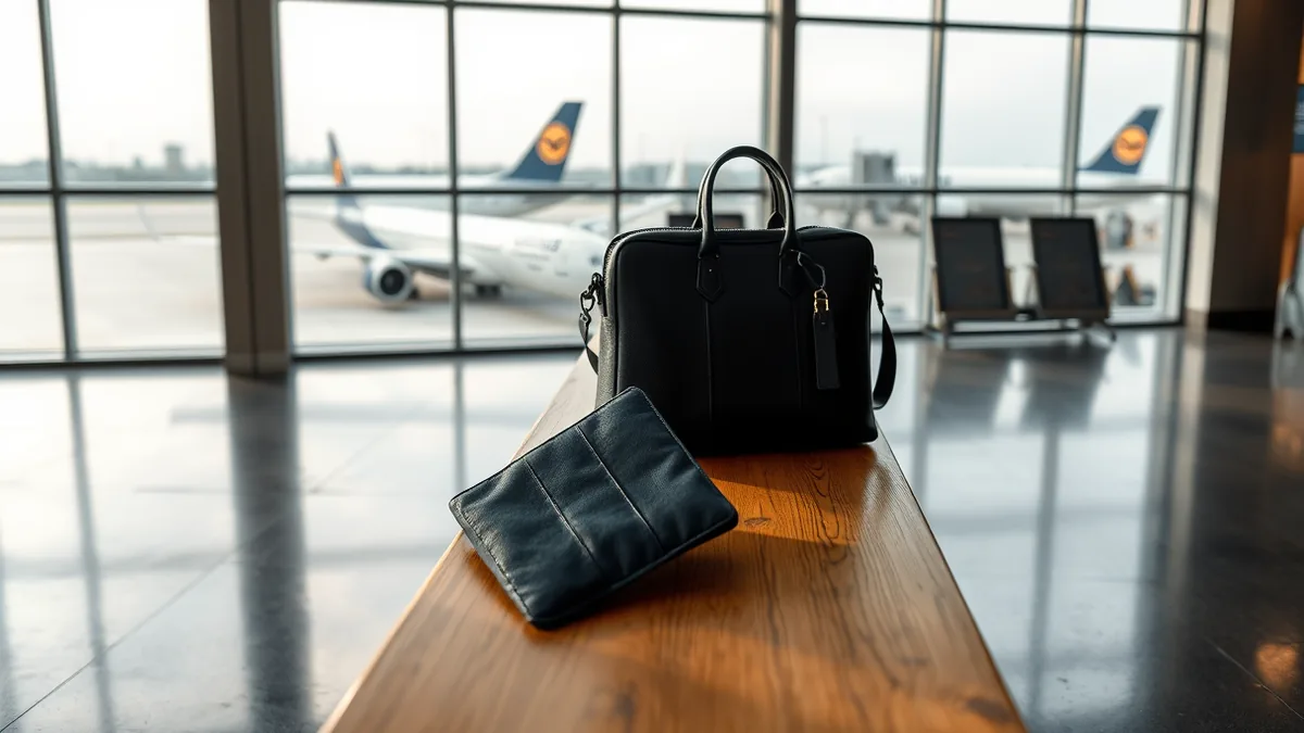 Kleine Handtasche und Laptoptasche auf einer Bank am Flughafenfenster