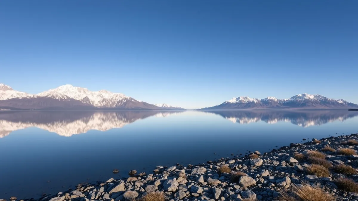 Spiegelglatter See vor schneebedeckten Bergen mit steinernem Ufer im Vordergrund