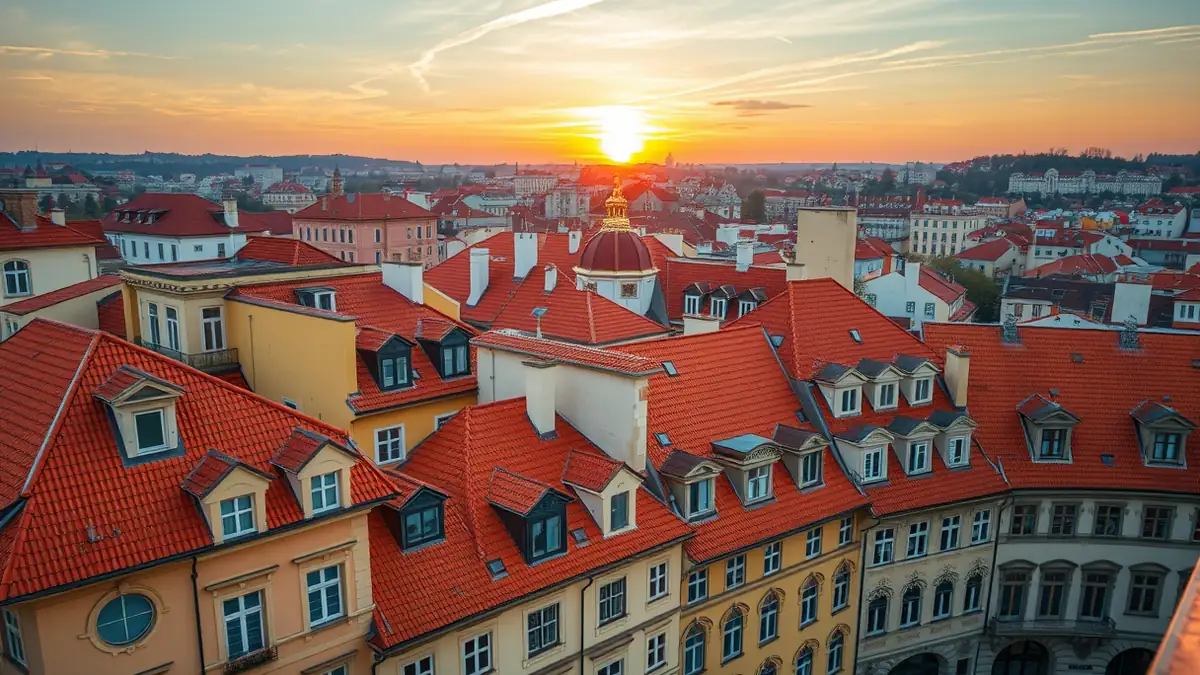 Blick über die Dächer von Vinohrady bei Sonnenuntergang, keine Menschen im Vordergrund