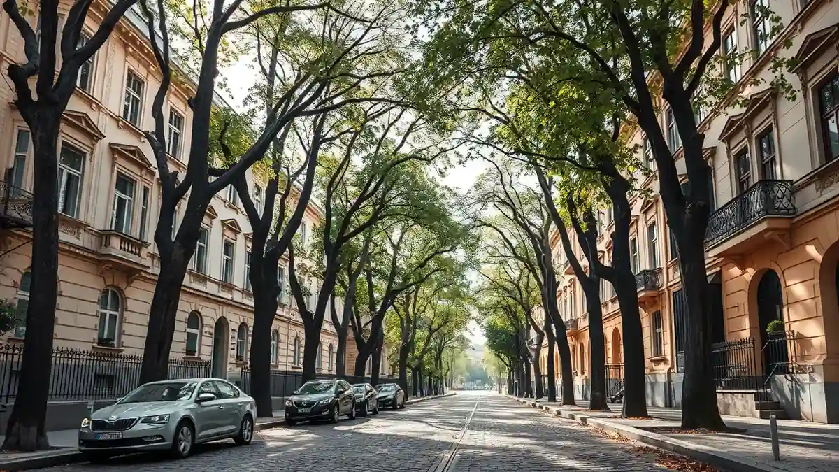 Baumgesäumte Straße in Vinohrady mit Jugendstilfassaden am Morgen