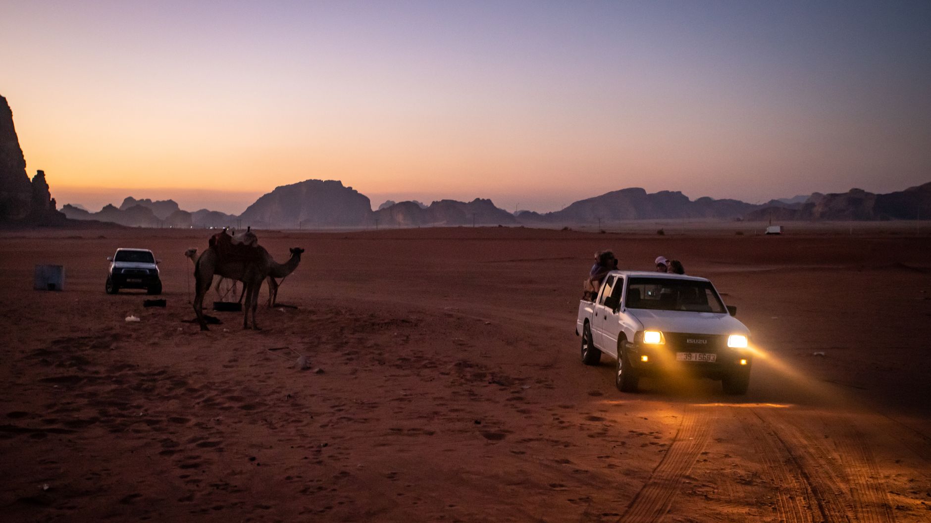 Nightfall in Wadi Rum showcasing camels and vehicles set against a stunning desert backdrop.