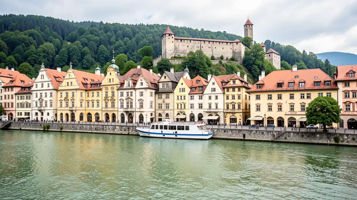 Weitwinkelaufnahme des Donauufers bei Passau mit ruhigem Fluss und bewaldeten Hügeln im Hintergrund