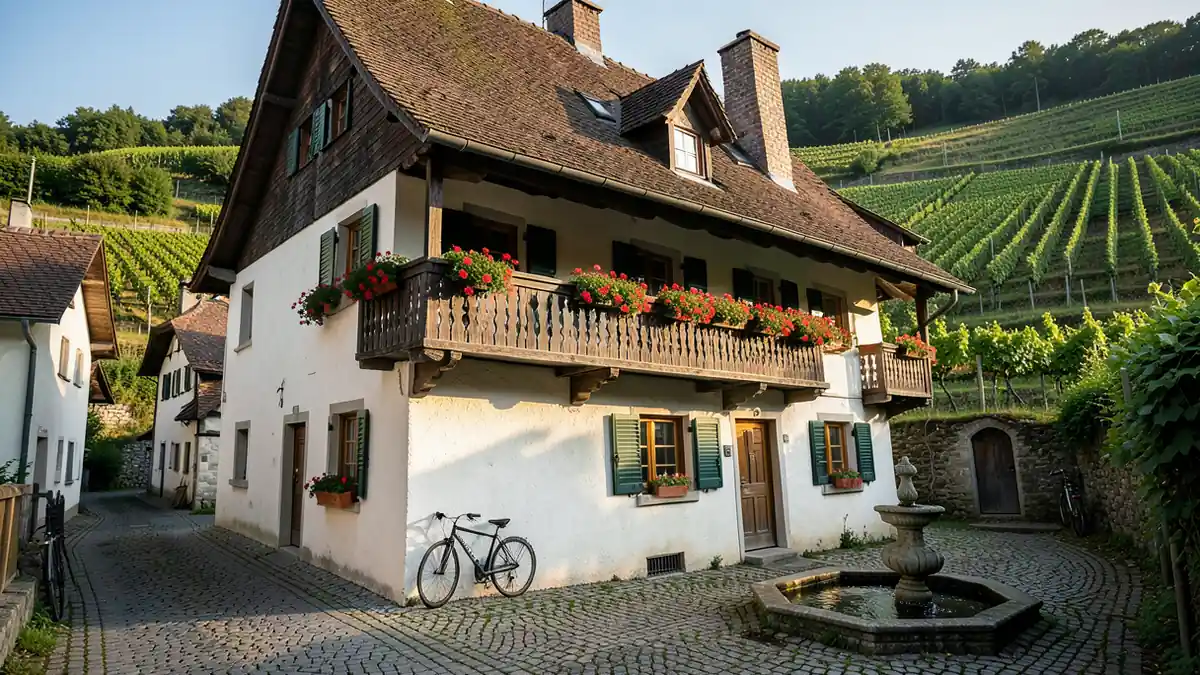 Fassade eines traditionellen Gasthofs in Österreich mit Blumenkästen und ruhiger Dorfstraße