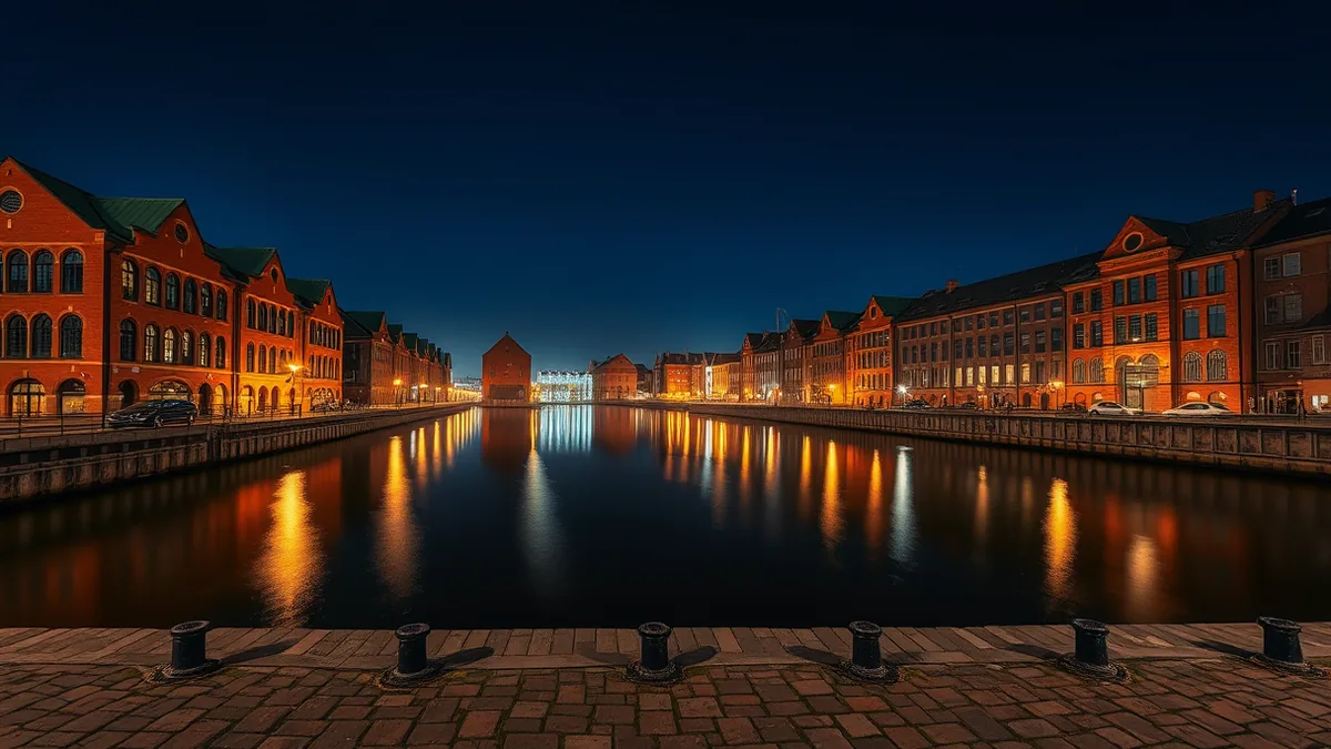 Stativ auf einer Hafenmole bei Nacht mit Spiegelung im Wasser