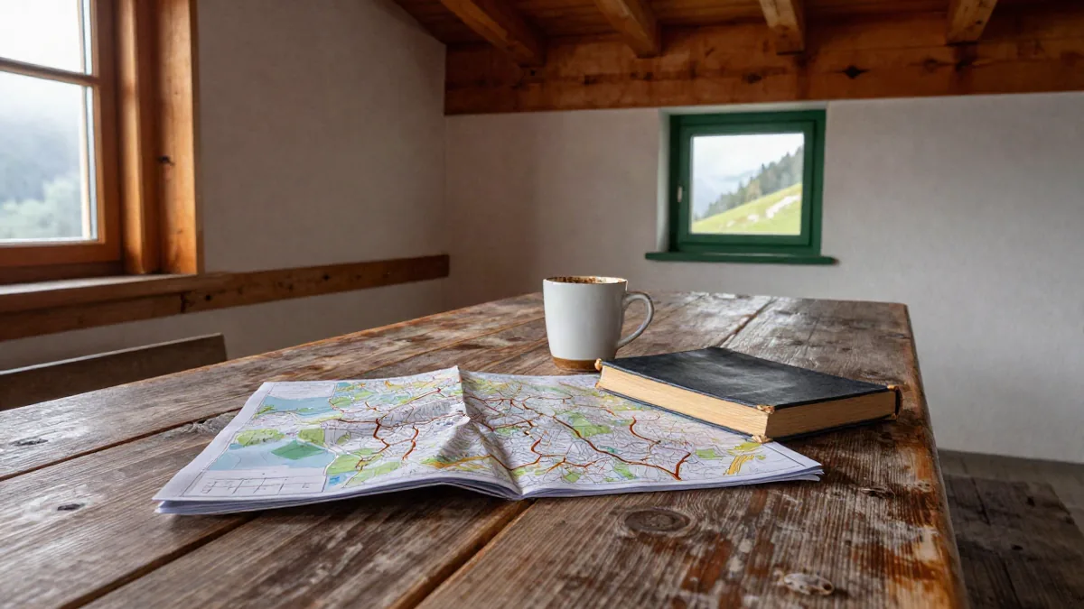 Speicherkarte, die aus einer Kamera genommen wird, auf einem Tisch mit Landkarte und Reiseführer