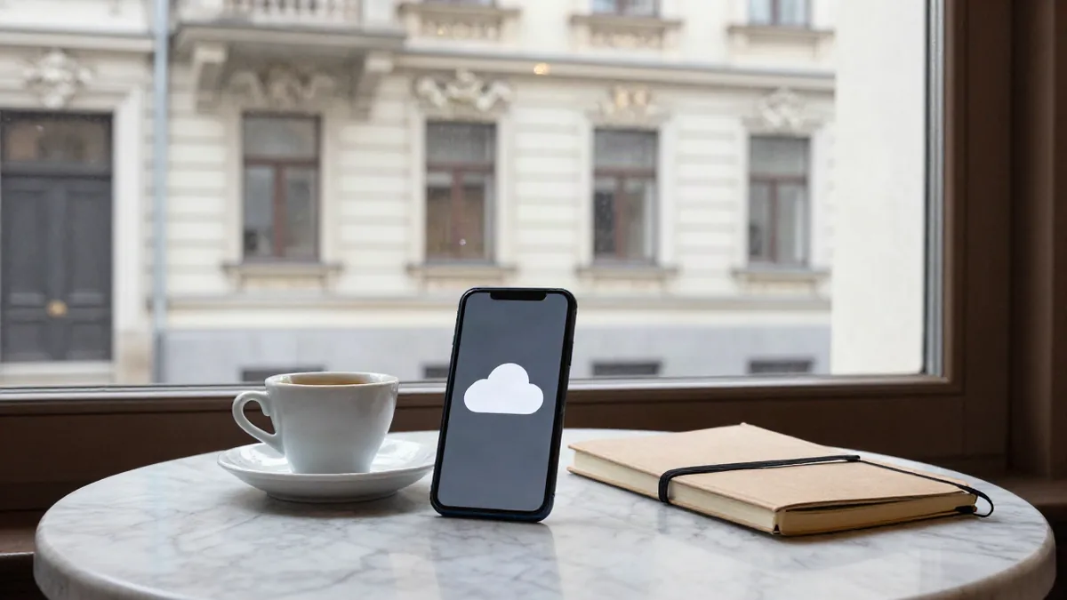 Smartphone mit Cloud-Symbol auf dem Display, daneben eine Tasse Kaffee und ein Notizbuch auf einem C