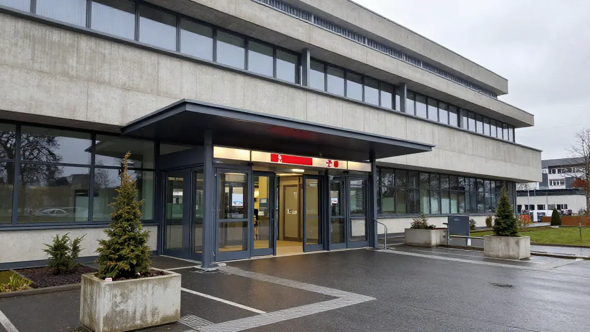 Notaufnahme eines ausländischen Krankenhauses von außen, leerer Eingangsbereich, keine Menschen