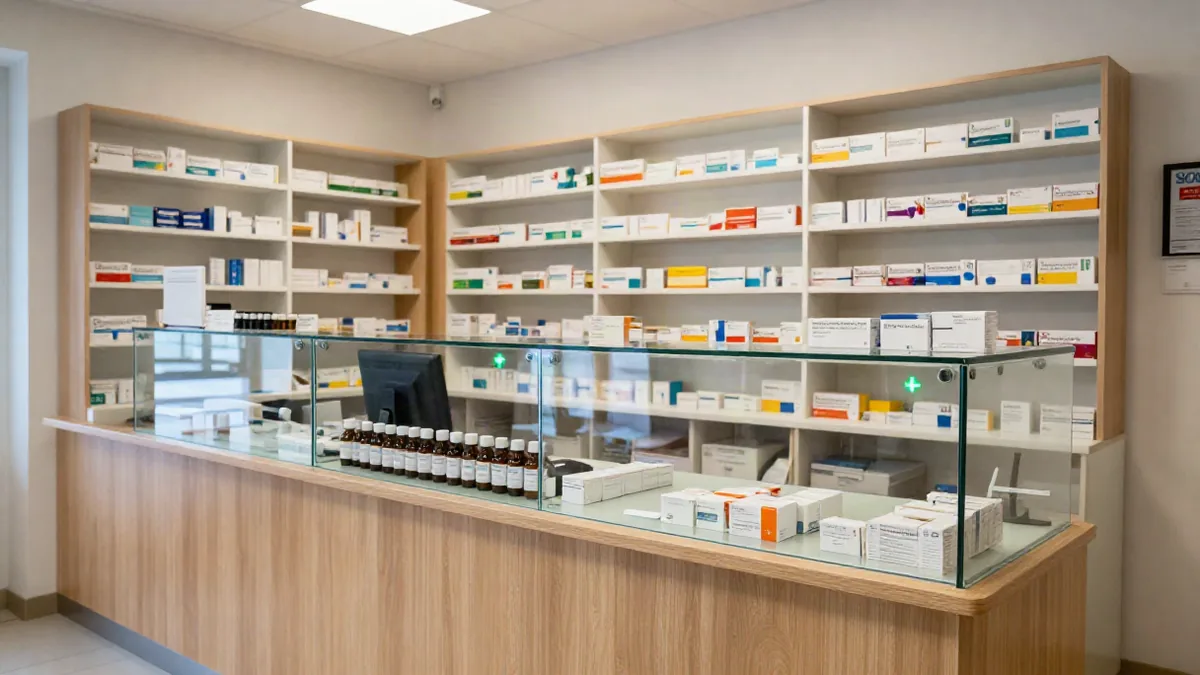 Apothekenschalter mit Medikamentenpackungen, Nahaufnahme ohne Schrift und ohne Menschen