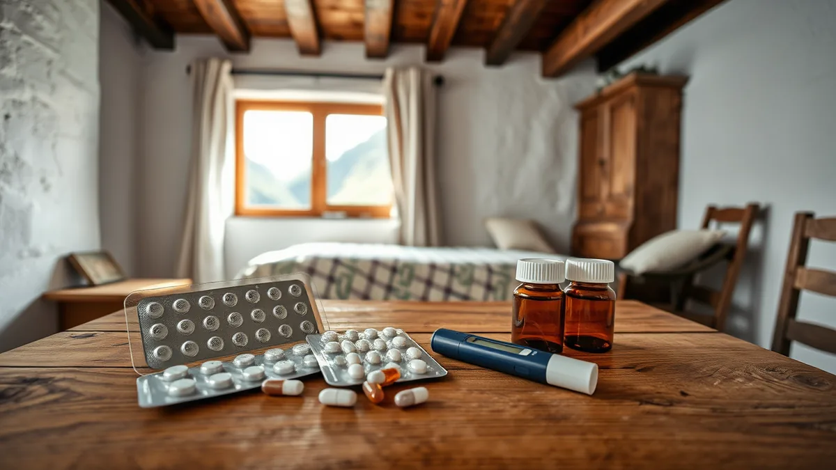 Geöffnete Reiseapotheke auf einem Holztisch mit Tablettenbox