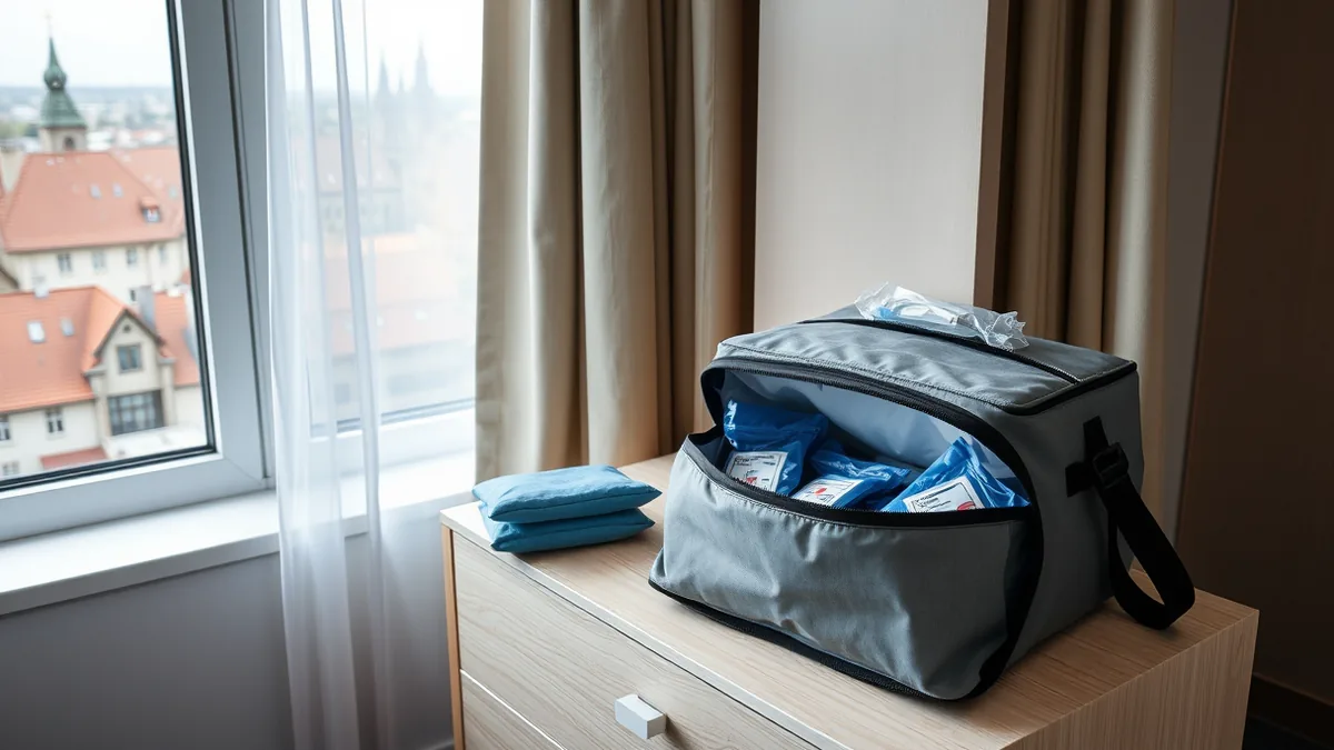 Kühltasche mit Kühlakkus auf einer Hotelkommode
