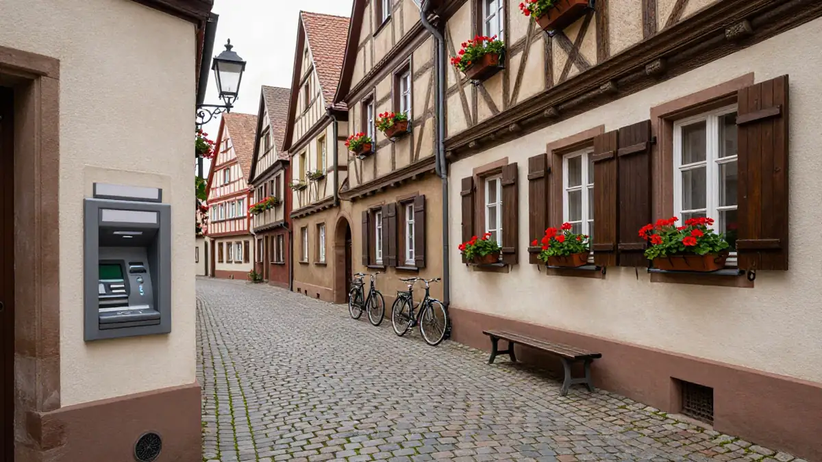 Straße mit Geldautomat in einer Altstadt, tagsüber, keine Menschen im Vordergrund