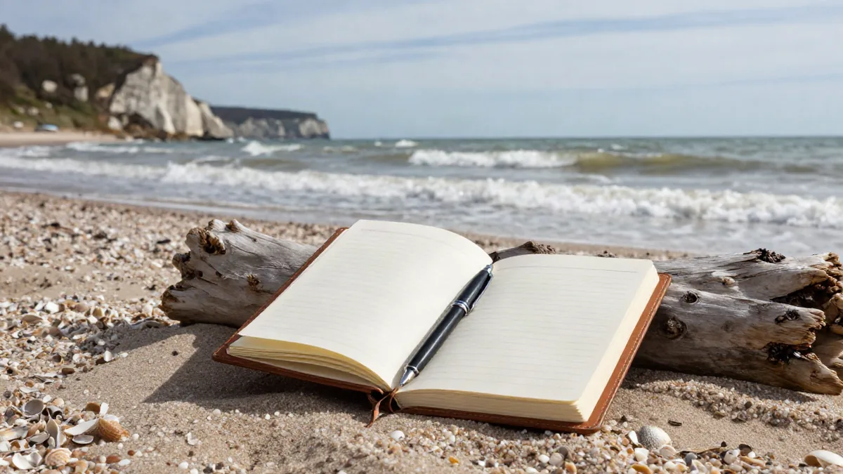 Blick auf ein aufgeschlagenes Notizbuch mit Stift auf einem Holztisch am Strand