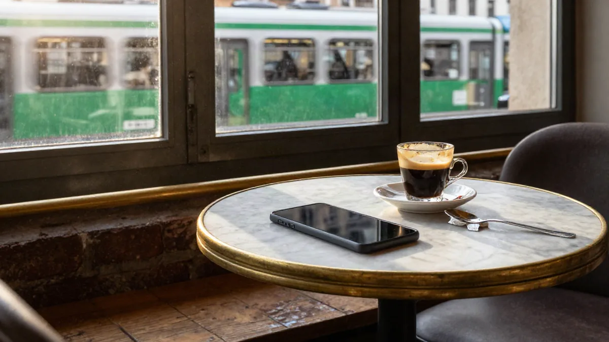 Handschriftliche Notizen neben einem Smartphone auf einem Café-Tisch
