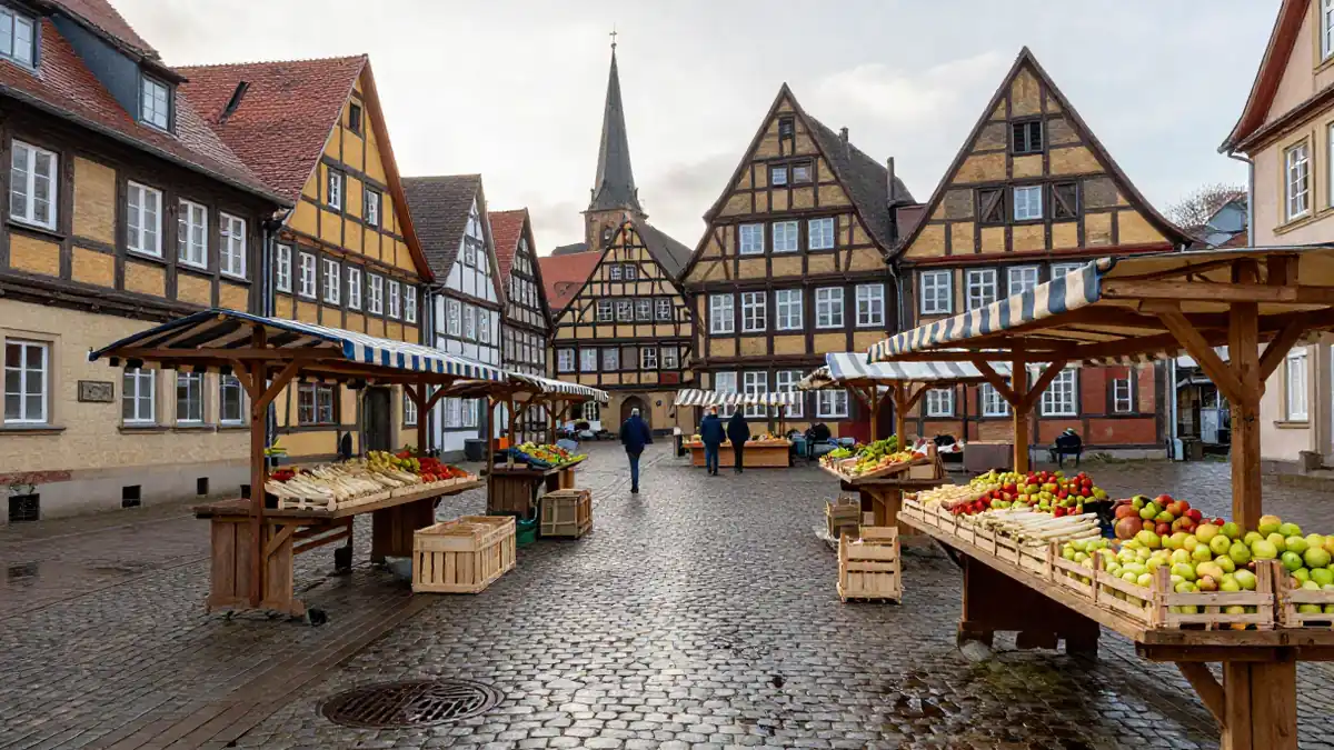 Straßenszene mit alten Häusern und Marktständen am frühen Morgen