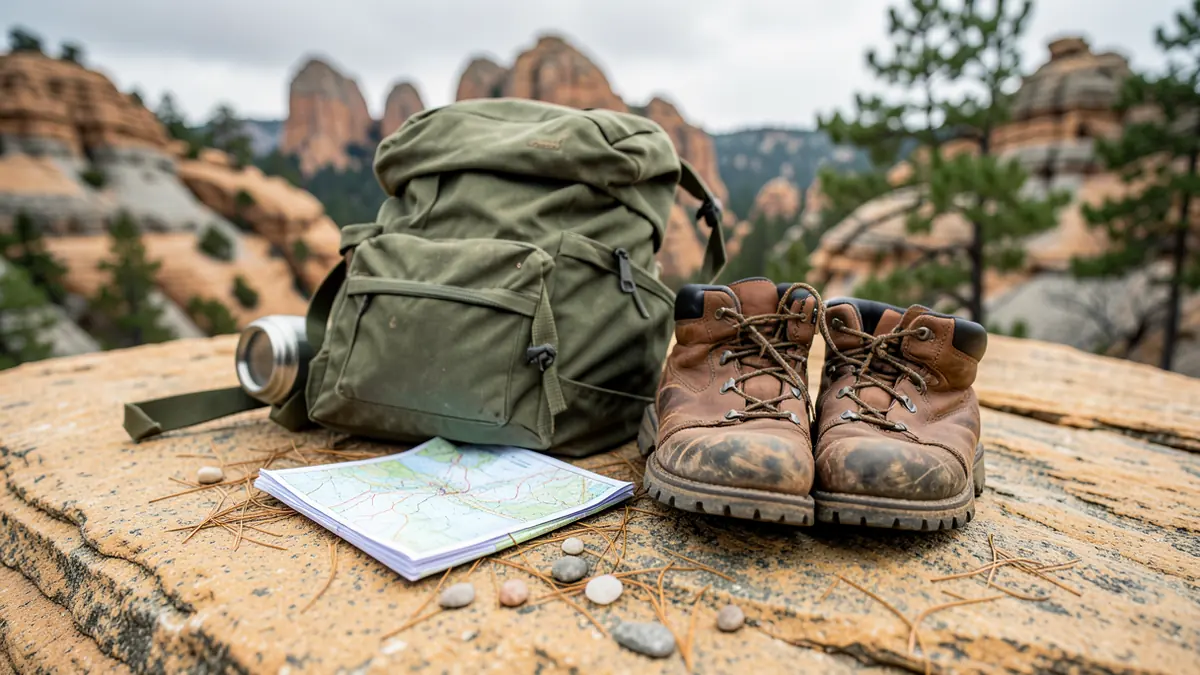 Wanderausrüstung mit Rucksack und Karte auf einem Felsen