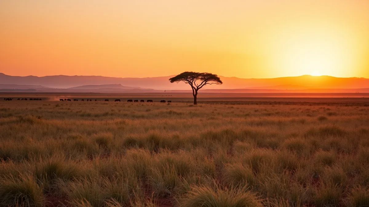 Weite Savannenlandschaft der Serengeti mit Akazien bei Sonnenuntergang
