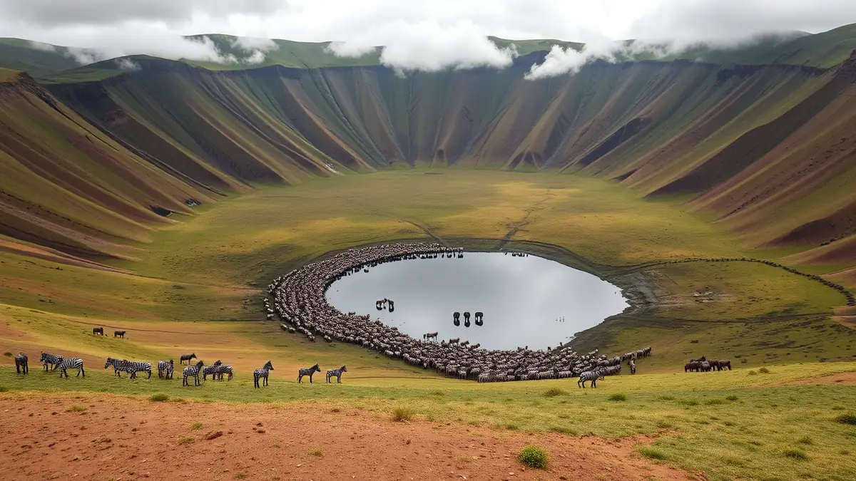 Große Tierherde am Wasserloch im Ngorongoro Krater