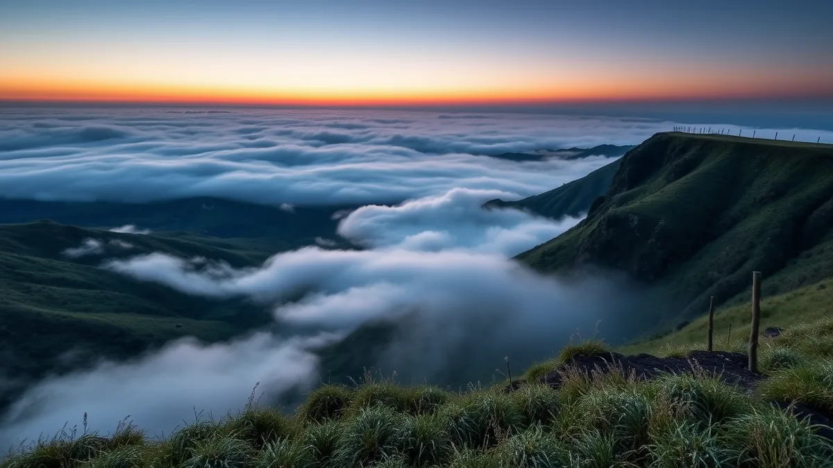 Blick in den Ngorongoro Krater mit Nebel und grünen Hängen