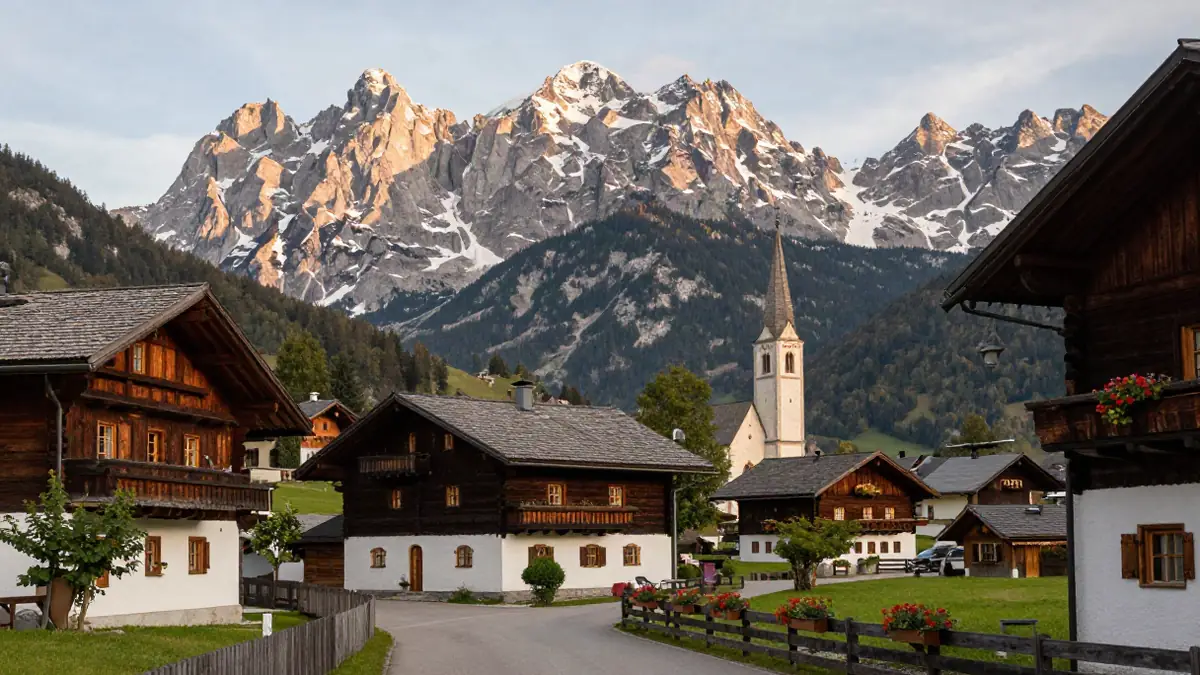 Holzhäuser und Kirche von Gosau vor dem Dachsteinmassiv