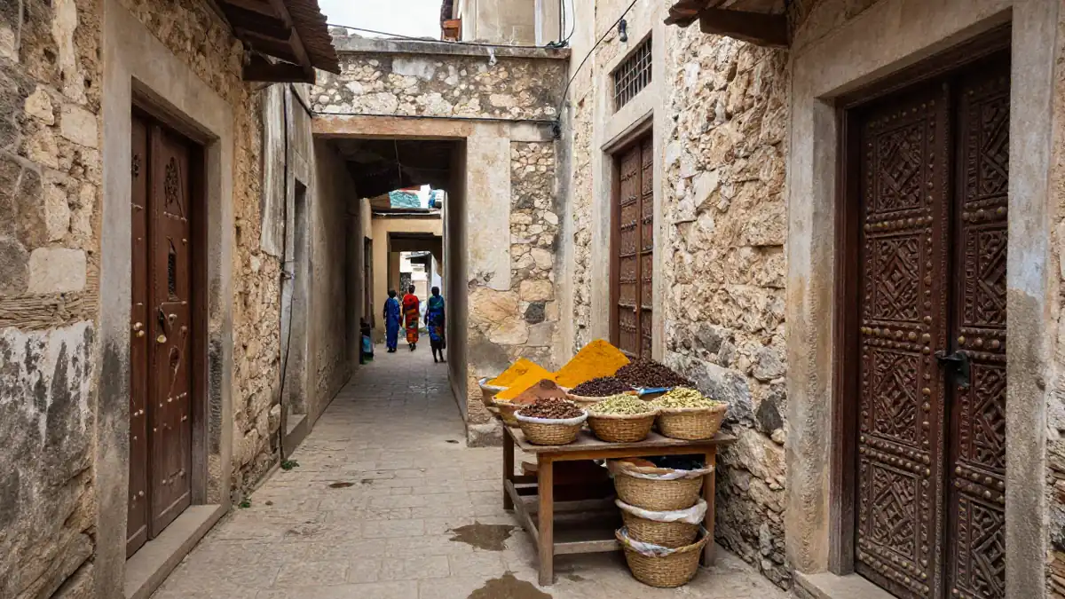 Enge Gasse in Stone Town mit Holztüren und Gewürzständen