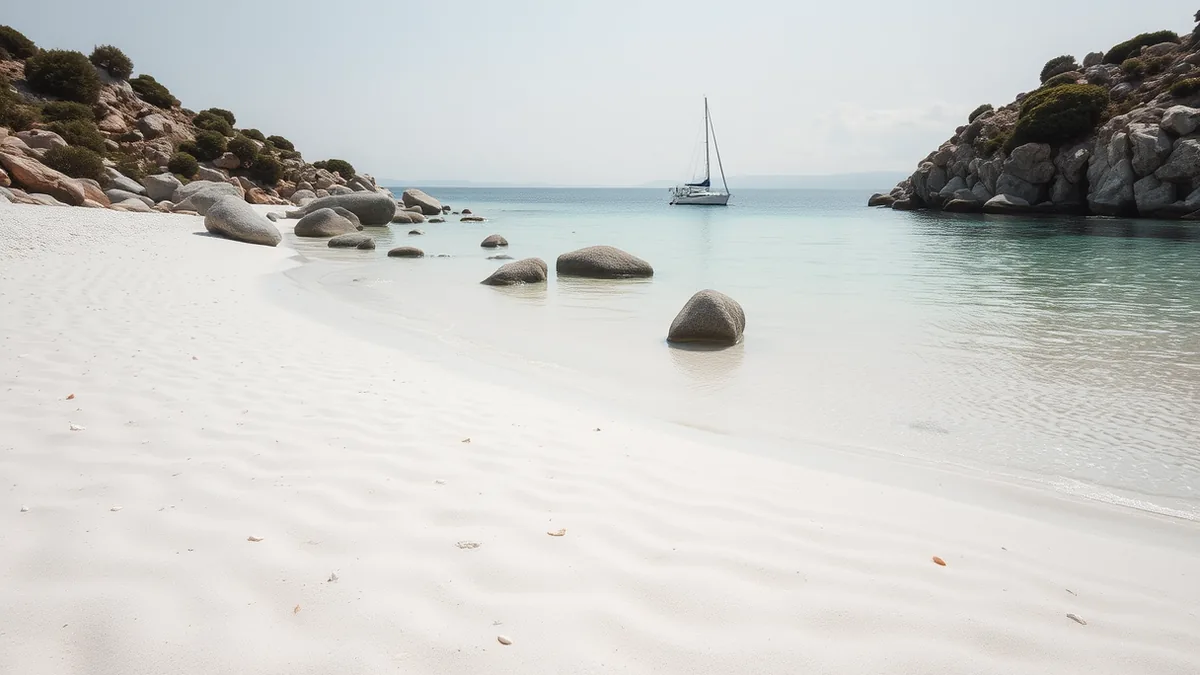 Weißer Sandstrand an der Costa Smeralda mit Granitfelsen und flachem Wasser