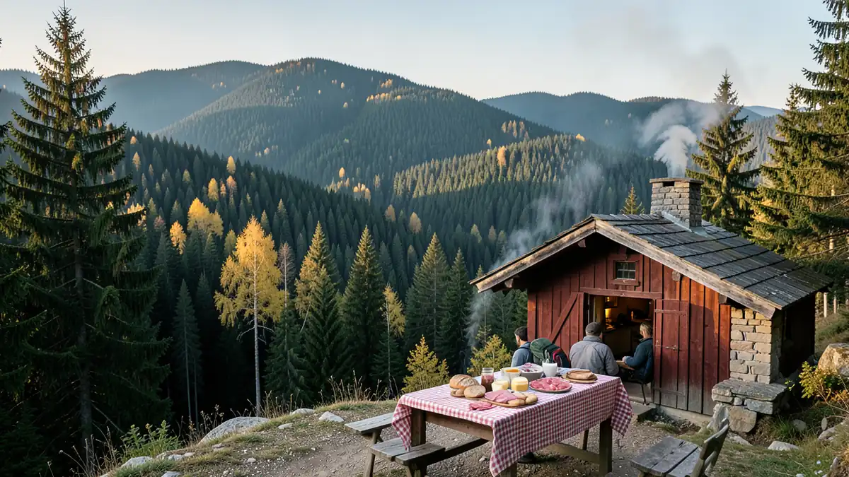 Blick vom Kandel über bewaldete Hügel im Morgenlicht
