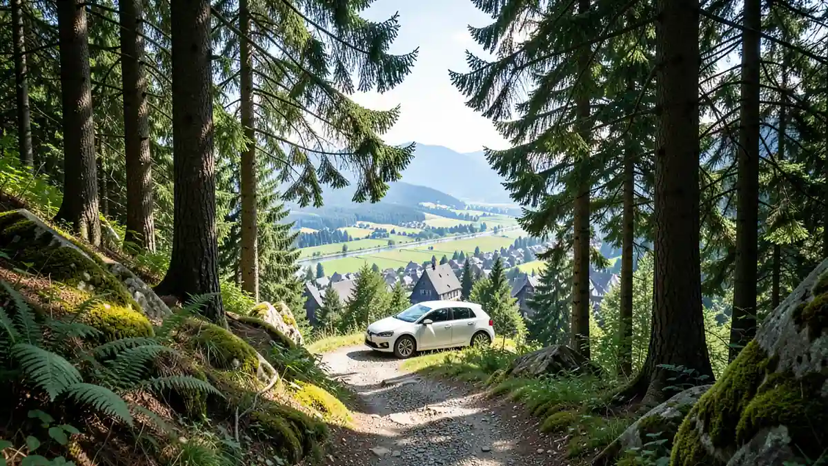 Wanderweg durch lichten Nadelwald mit Blick auf das Rheintal
