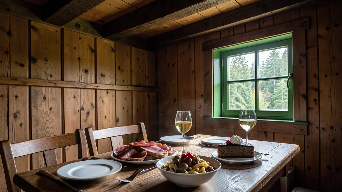 Gedeckter Tisch in einer Holzstube mit Blick auf den Wald