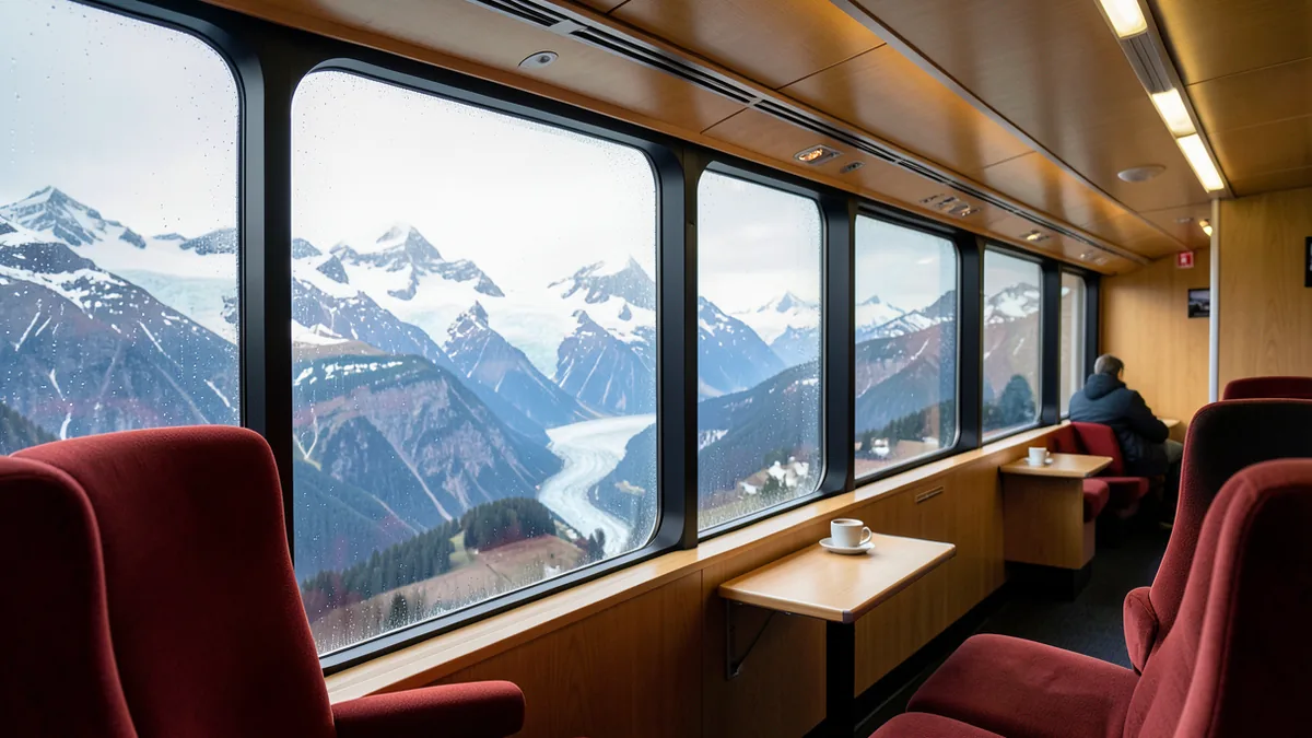 Panoramafenster eines Zuges mit Blick auf schneebedeckte Alpen