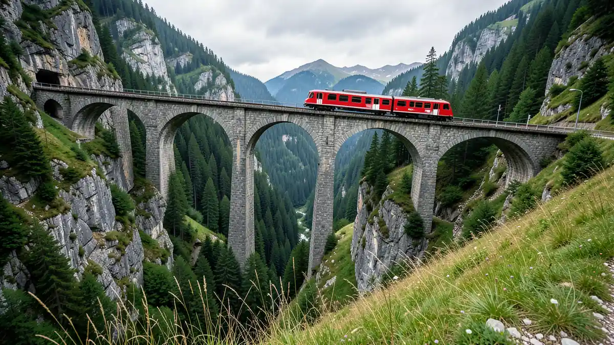 Landwasserviadukt mit rotem Zug