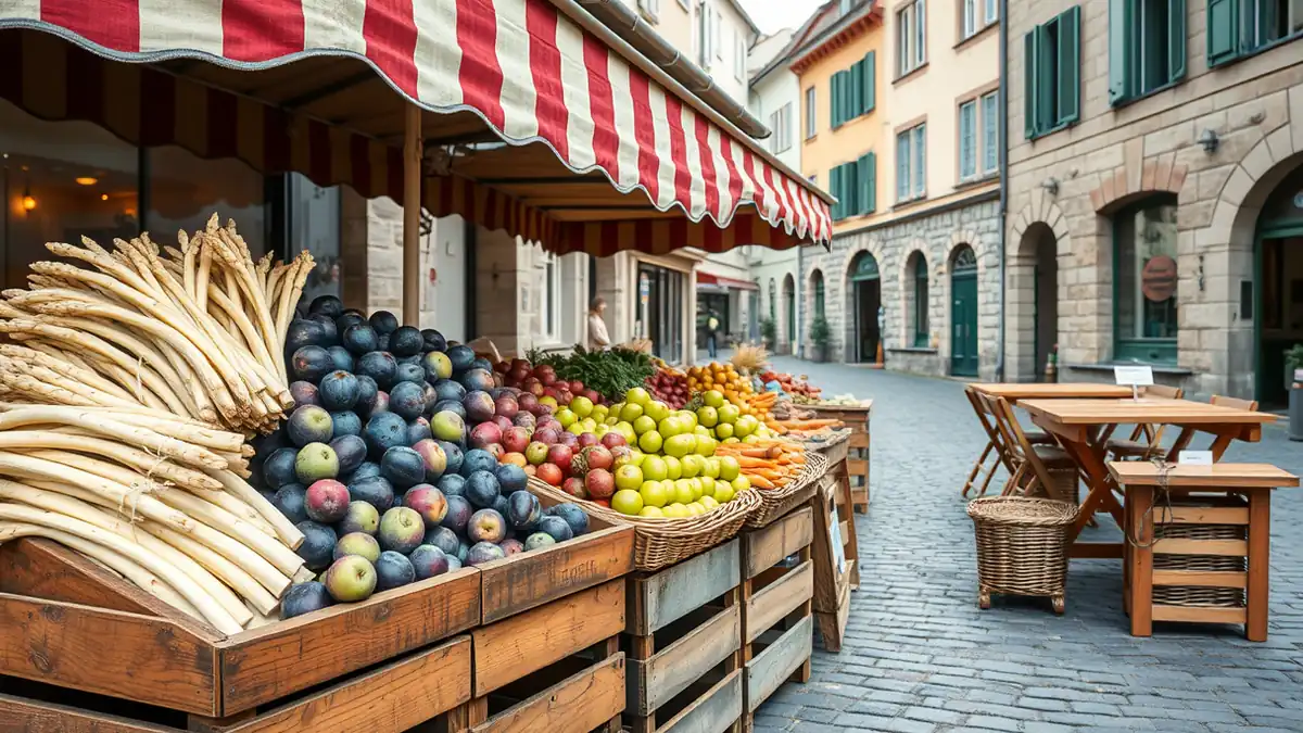 Marktstand in einer Altstadtgasse mit frischem Obst und Gemüse