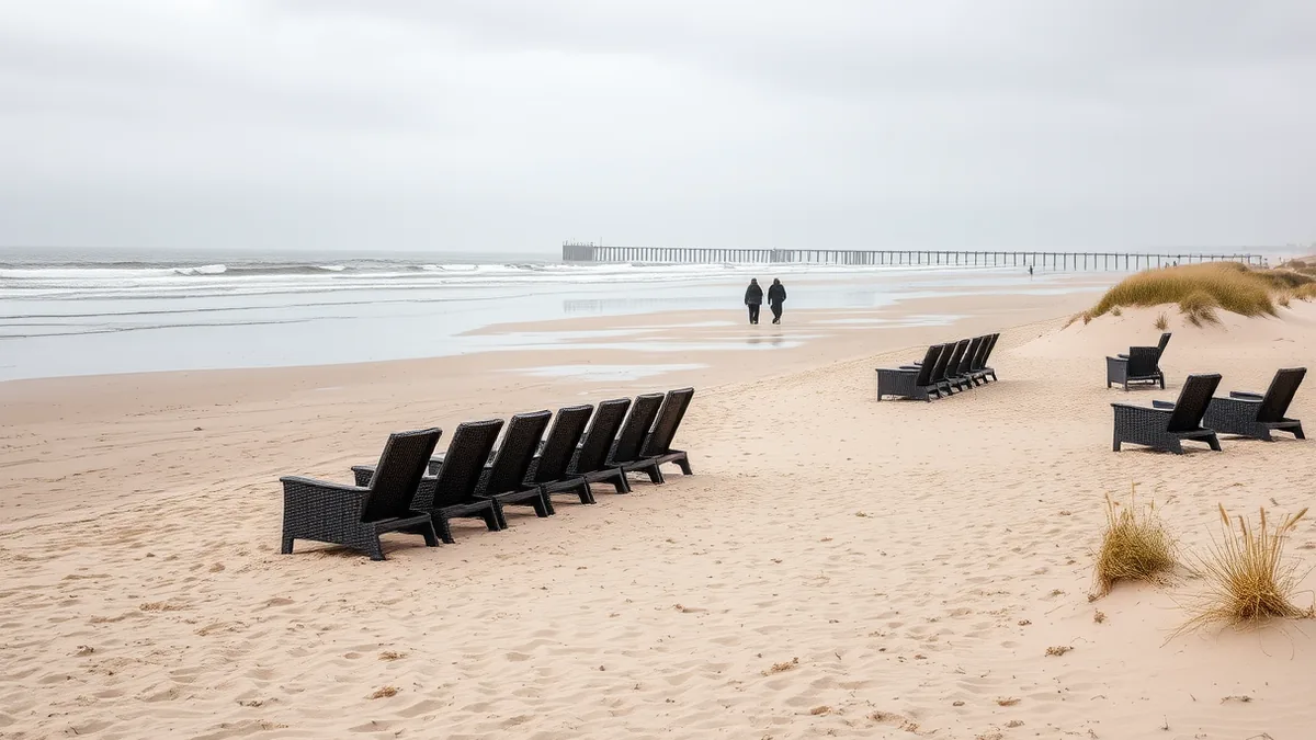 Zwei Personen unterhalten sich gestikulierend an einem Strand