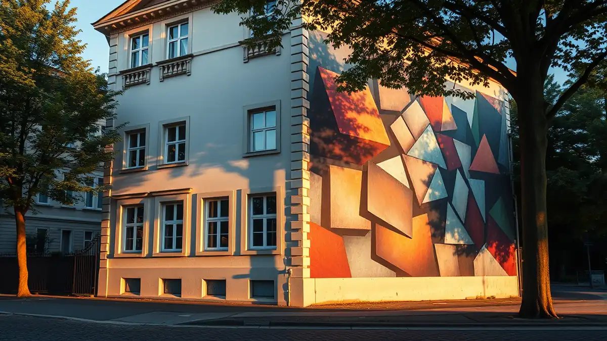 Weitwinkelaufnahme einer bemalten Hausfassade in Berlin Kreuzberg bei goldenem Abendlicht