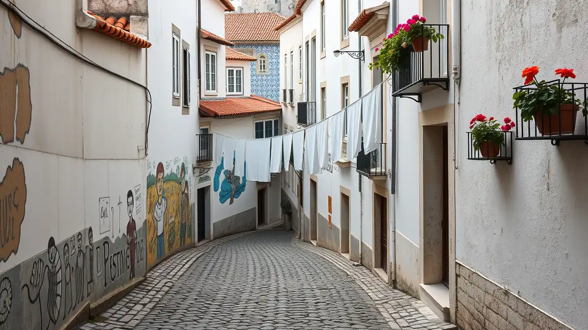 Schmale Gasse in Alfama mit bemalten Hauswänden und hängender Wäsche, ohne Menschen