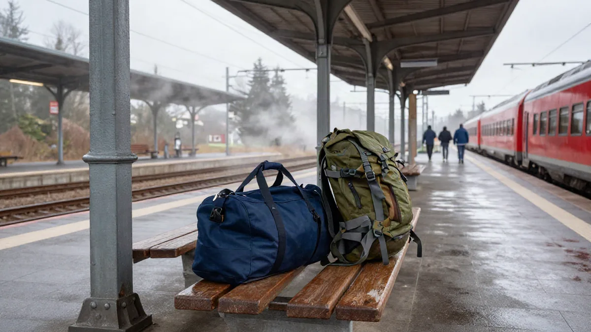 Gepäckstücke auf einem Bahnsteig vor abfahrendem Zug