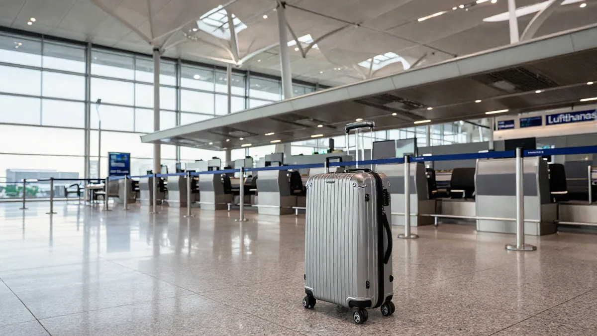 Trolley auf glattem Flughafenboden vor Check-in-Schaltern