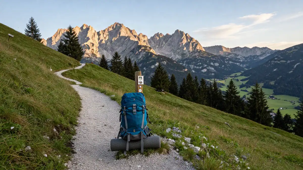 Wanderrucksack auf einem Bergpfad mit Blick ins Tal