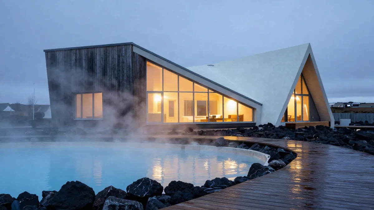 Weiße Silhouette des Blue Lagoon Gebäudes mit Dampf über dem Wasser
