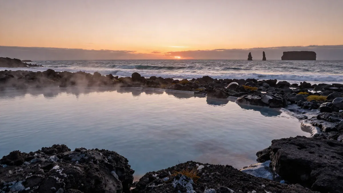 Infinity-Pool des Sky Lagoon mit Blick auf den Atlantik bei Sonnenuntergang
