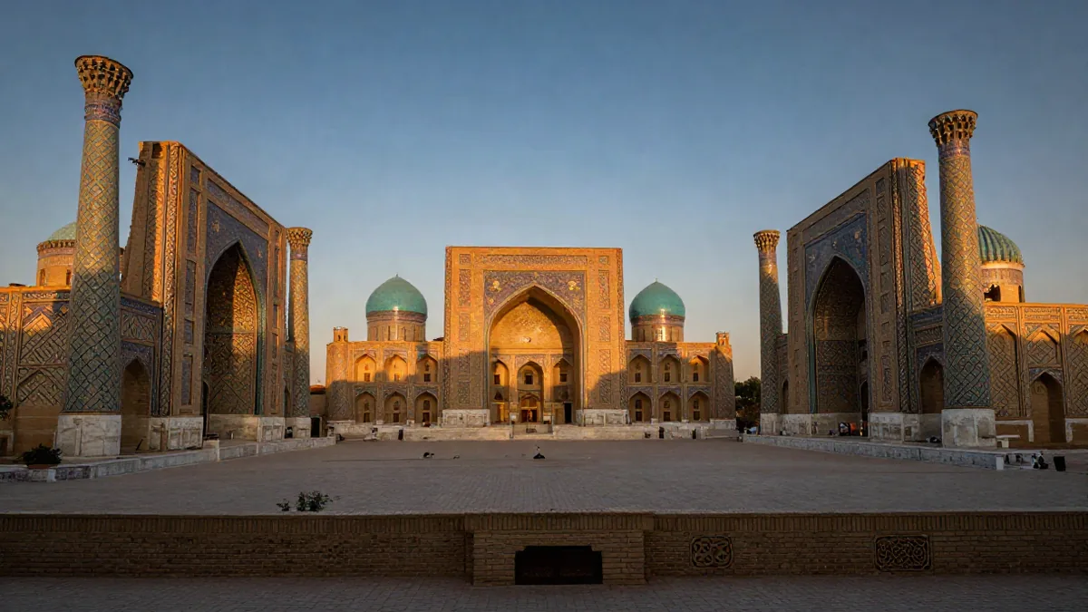 Registan in Samarkand mit seinen drei Medresen im Abendlicht, keine Menschen im Vordergrund