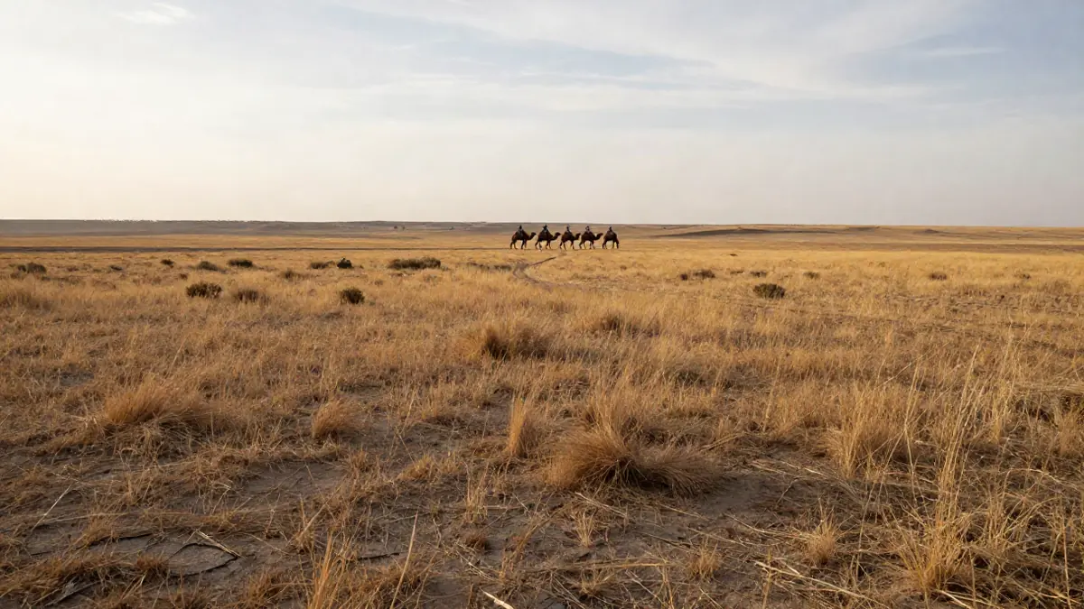 Weite Steppenlandschaft zwischen Buchara und Chiwa mit Kamelkarawane am Horizont, keine Menschen im 