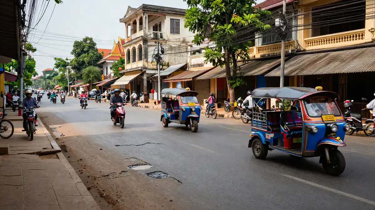 Straßenszene in Phnom Penh mit Tuk-Tuks