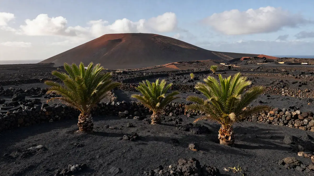 Vulkanlandschaft auf Lanzarote mit Palmen im Vordergrund