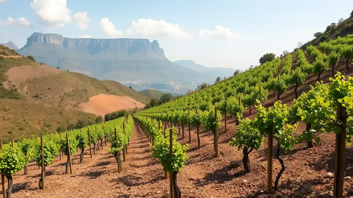 Weinberge am Hang mit Blick auf den Tafelberg bei Kapstadt