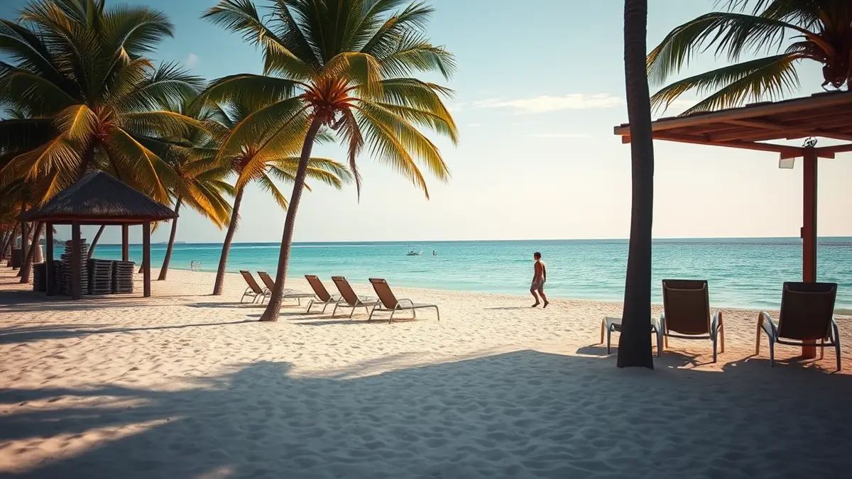Türkisfarbenes Meer vor der Küste von Cancún mit Palmenreihe am Strand